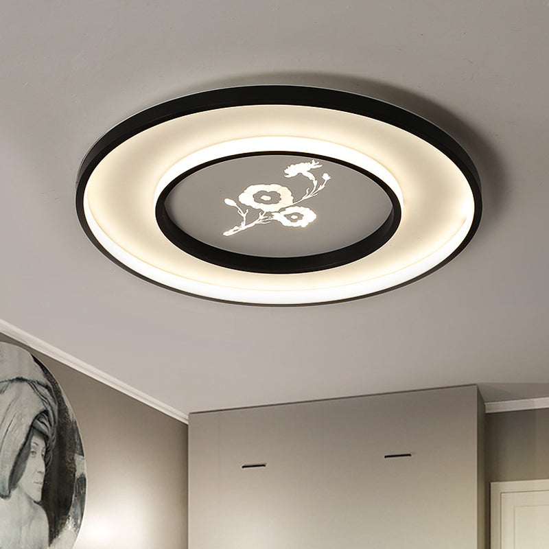 Plafonnier LED moderne à encastrer en acrylique rond de 16"/19,5" en noir avec motif floral, lumière blanche/chaude