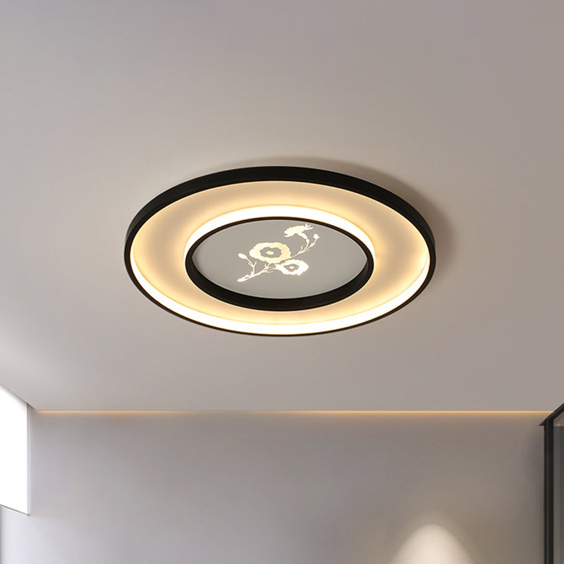 Plafonnier LED moderne à encastrer en acrylique rond de 16"/19,5" en noir avec motif floral, lumière blanche/chaude