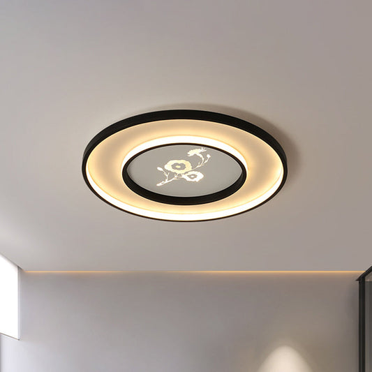 16/19.5 Modern Round Flush Mount Acrylic Led Ceiling Light Fixture In Black With Flower Pattern