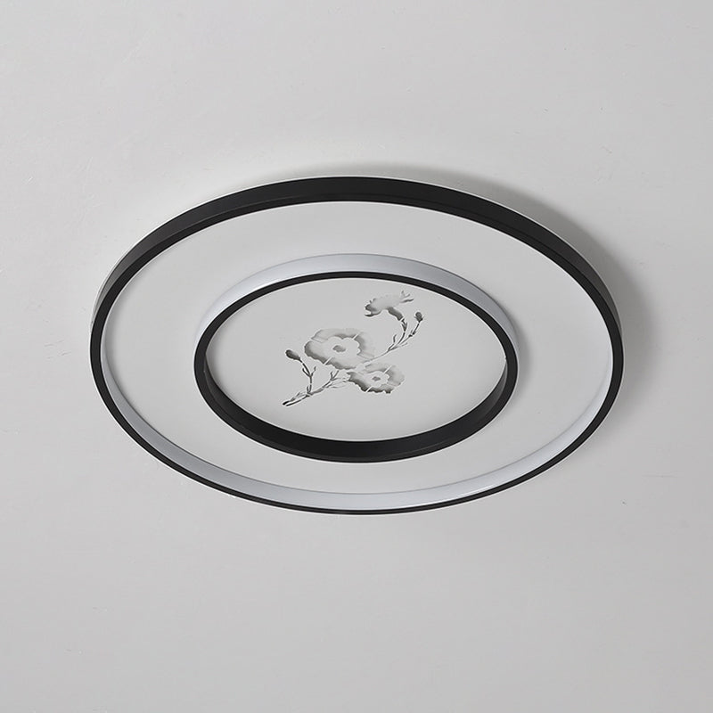 Plafonnier LED moderne à encastrer en acrylique rond de 16"/19,5" en noir avec motif floral, lumière blanche/chaude