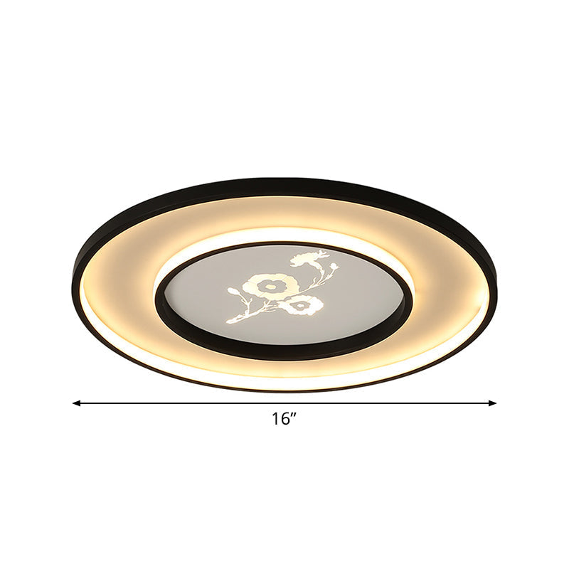 Plafonnier LED moderne à encastrer en acrylique rond de 16"/19,5" en noir avec motif floral, lumière blanche/chaude