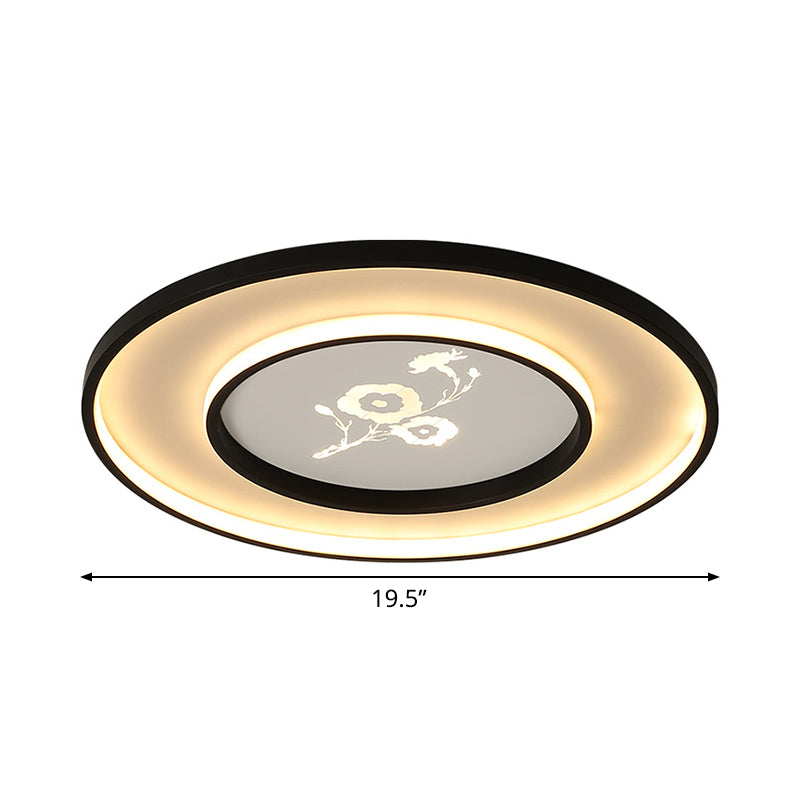 Plafonnier LED moderne à encastrer en acrylique rond de 16"/19,5" en noir avec motif floral, lumière blanche/chaude