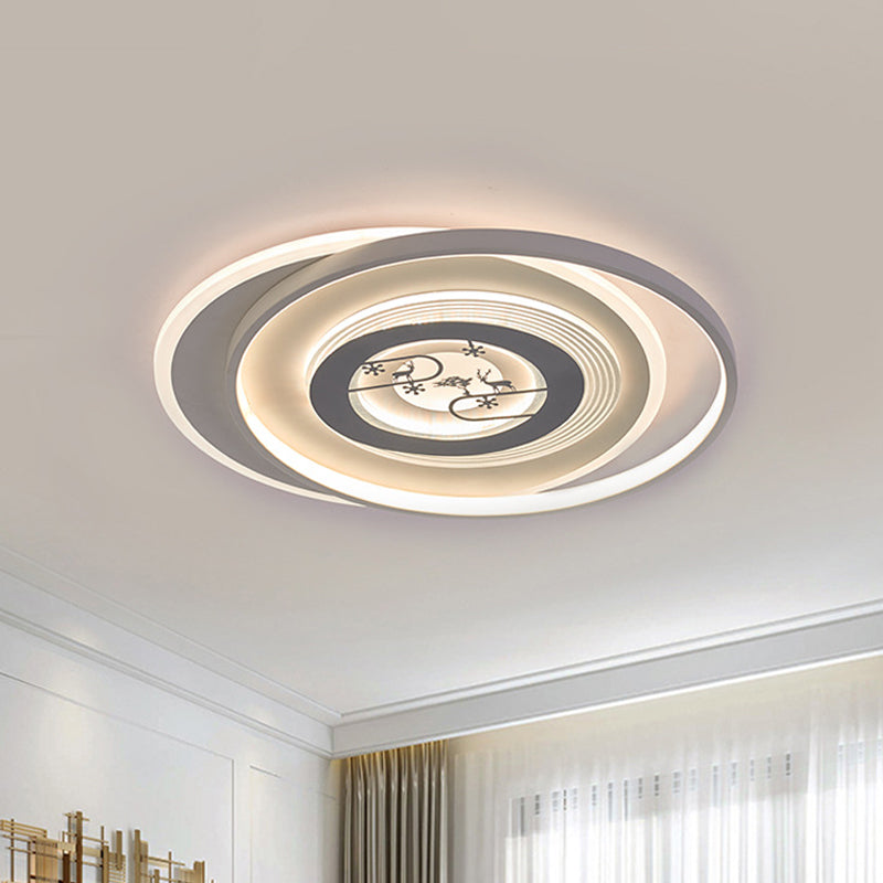 Modern LED Acrylic Flushmount Light Fixture - White Circular Flushmount with Deer and Tree Pattern