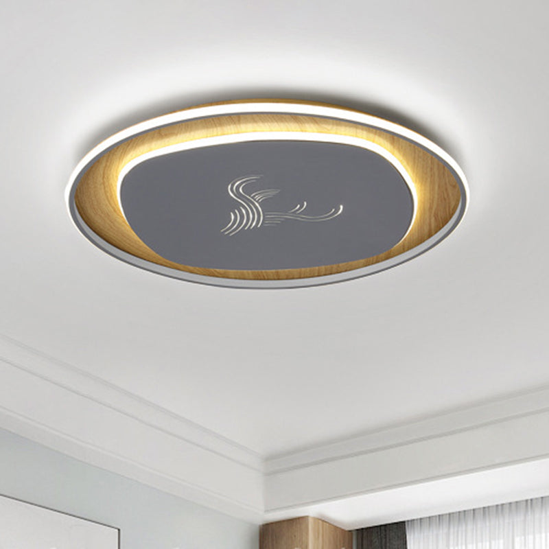 Modern Metal Arc Square Flush Light with LED, Black/Grey/Green, Ceiling Flush, Round Wood Canopy - 16"/19.5" Wide