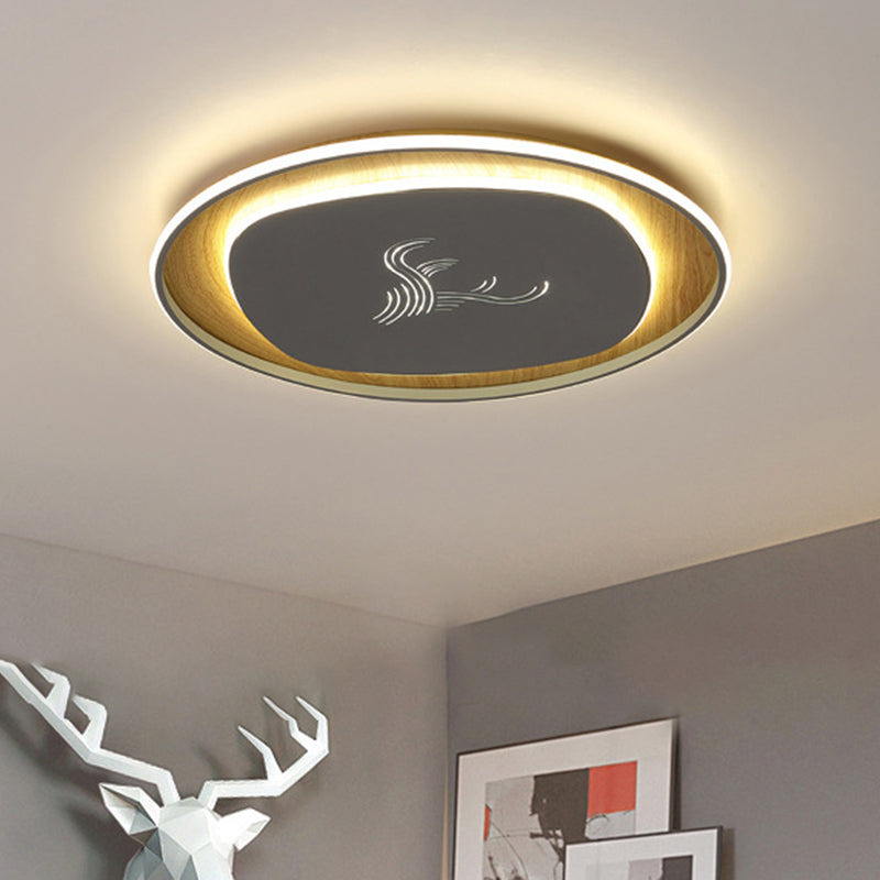 Modern Metal Arc Square Flush Light with LED, Black/Grey/Green, Ceiling Flush, Round Wood Canopy - 16"/19.5" Wide