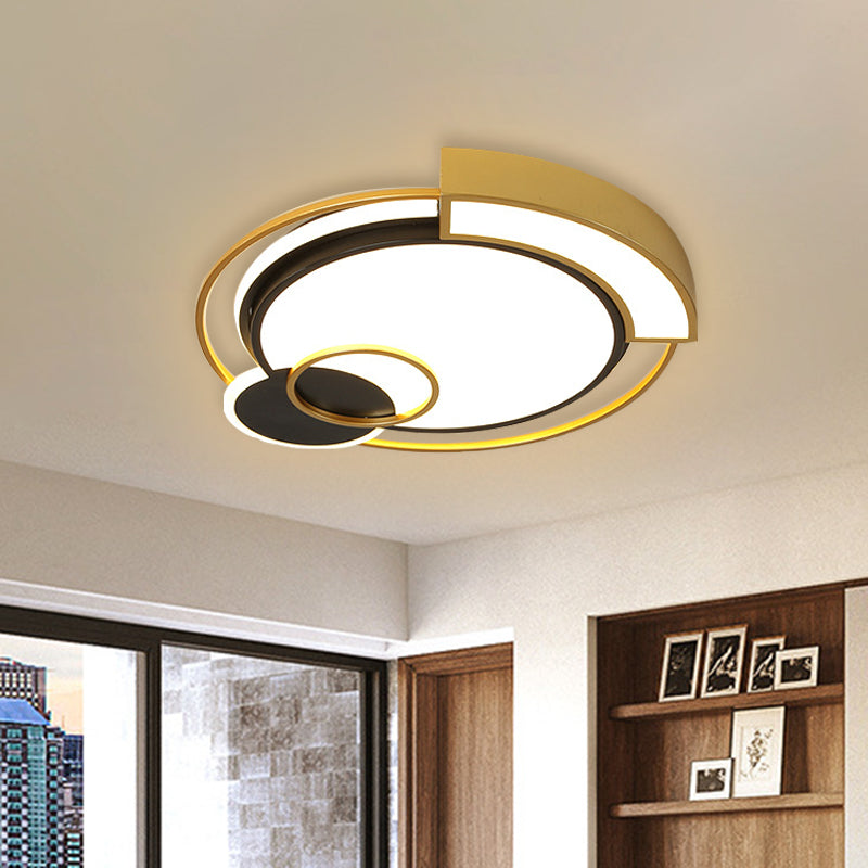 Minimalist Circle Flush Light Fixture: Metal LED Bedroom Ceiling Lamp, 16"/19.5" Width, Black/Gold