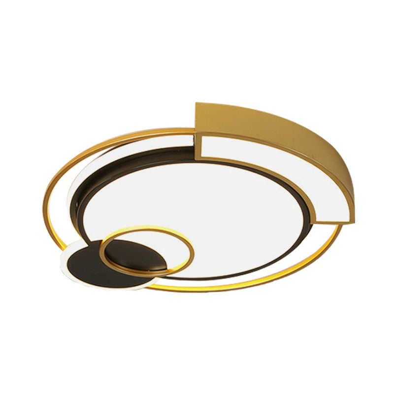 Minimalist Circle Flush Light Fixture: Metal LED Bedroom Ceiling Lamp, 16"/19.5" Width, Black/Gold