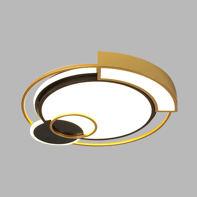 Minimalist Circle Flush Light Fixture: Metal LED Bedroom Ceiling Lamp, 16"/19.5" Width, Black/Gold