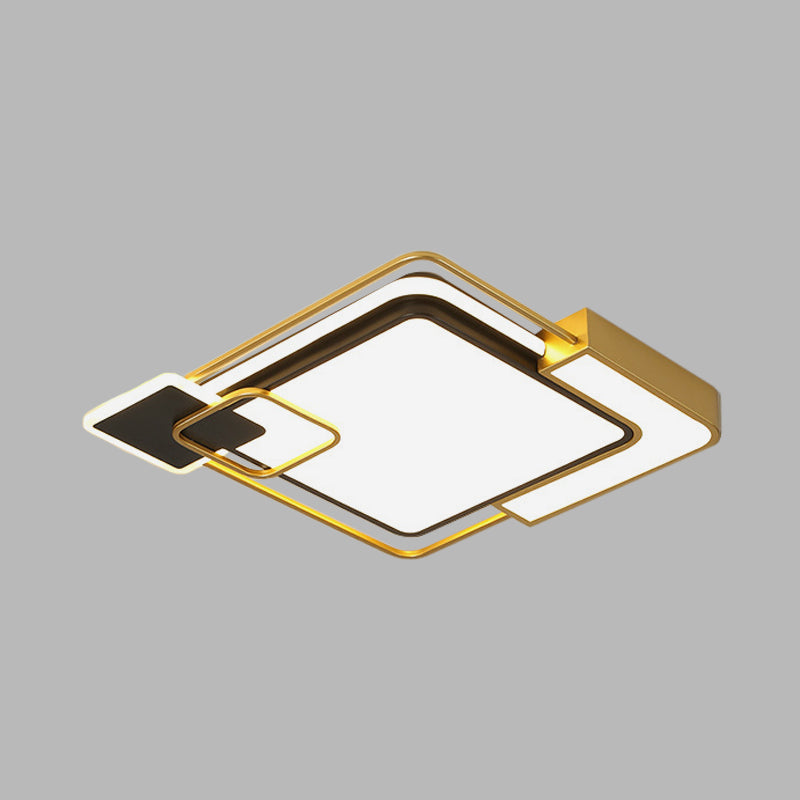 Modern Black and Gold LED Flushmount Lighting, Squared Metallic Design, 16"/19.5" Wide