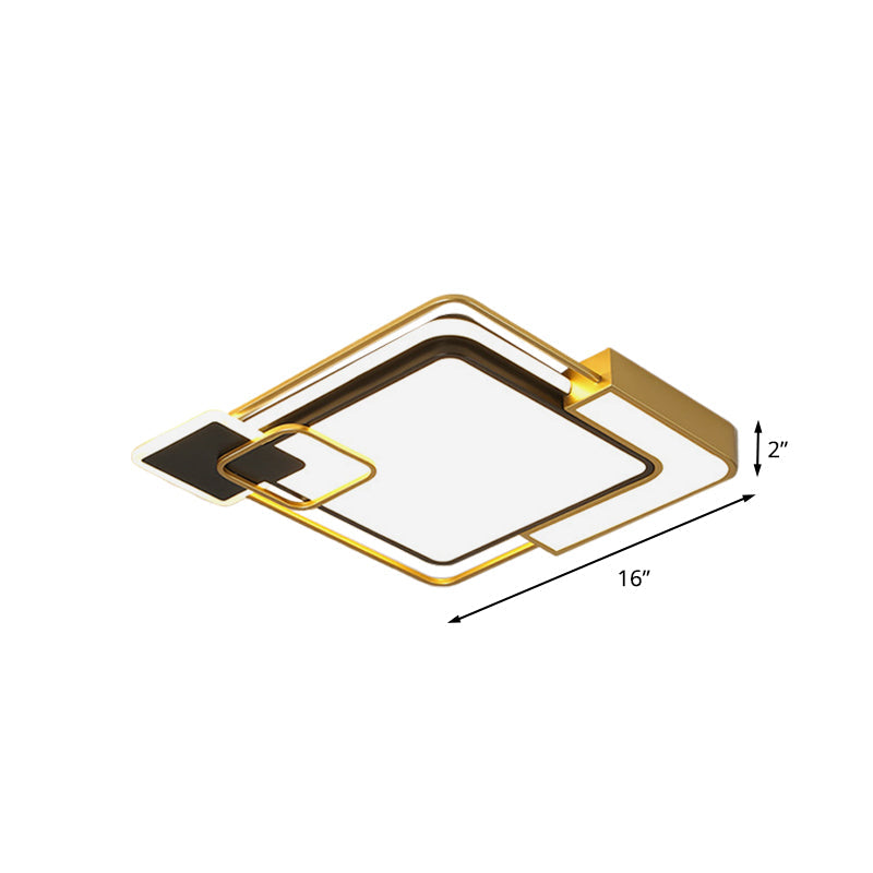 Modern Black and Gold LED Flushmount Lighting, Squared Metallic Design, 16"/19.5" Wide