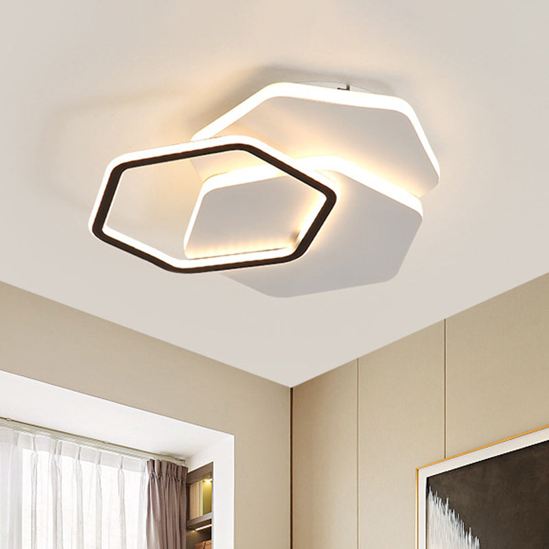 Hexagon Flush Mount LED Ceiling Lamp - Black and White Modernist Acrylic Fixture, White/Warm Light, 16"/19.5" Wide