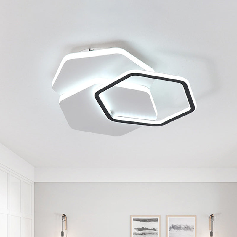Hexagon Flush Mount LED Ceiling Lamp - Black and White Modernist Acrylic Fixture, White/Warm Light, 16"/19.5" Wide