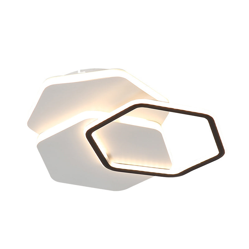 Hexagon Flush Mount LED Ceiling Lamp - Black and White Modernist Acrylic Fixture, White/Warm Light, 16"/19.5" Wide