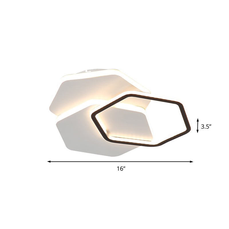 Hexagon Flush Mount LED Ceiling Lamp - Black and White Modernist Acrylic Fixture, White/Warm Light, 16"/19.5" Wide