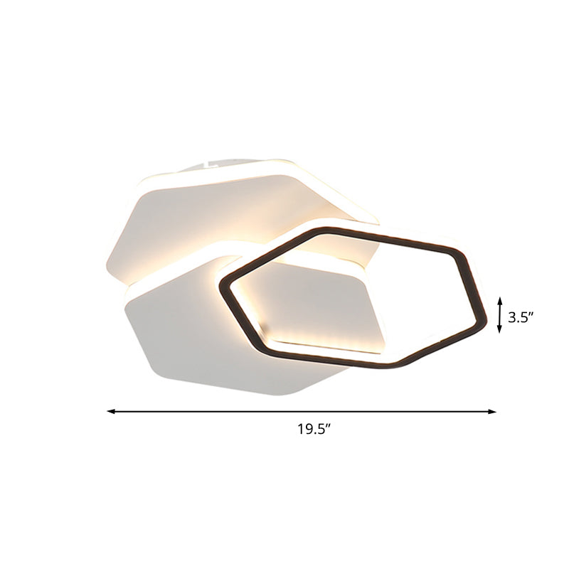 Hexagon Flush Mount LED Ceiling Lamp - Black and White Modernist Acrylic Fixture, White/Warm Light, 16"/19.5" Wide