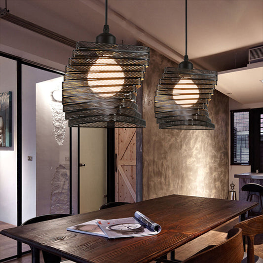 Industrial Mesh Screen Pendant Light - Twist Bulb, Black/White Metal, Triangle Shade
