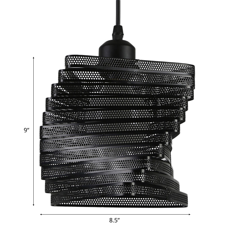 Industrial Mesh Screen Pendant Light - Twist Bulb, Black/White Metal, Triangle Shade