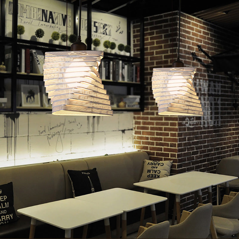 Industrial Mesh Screen Pendant Light - Twist Bulb, Black/White Metal, Triangle Shade
