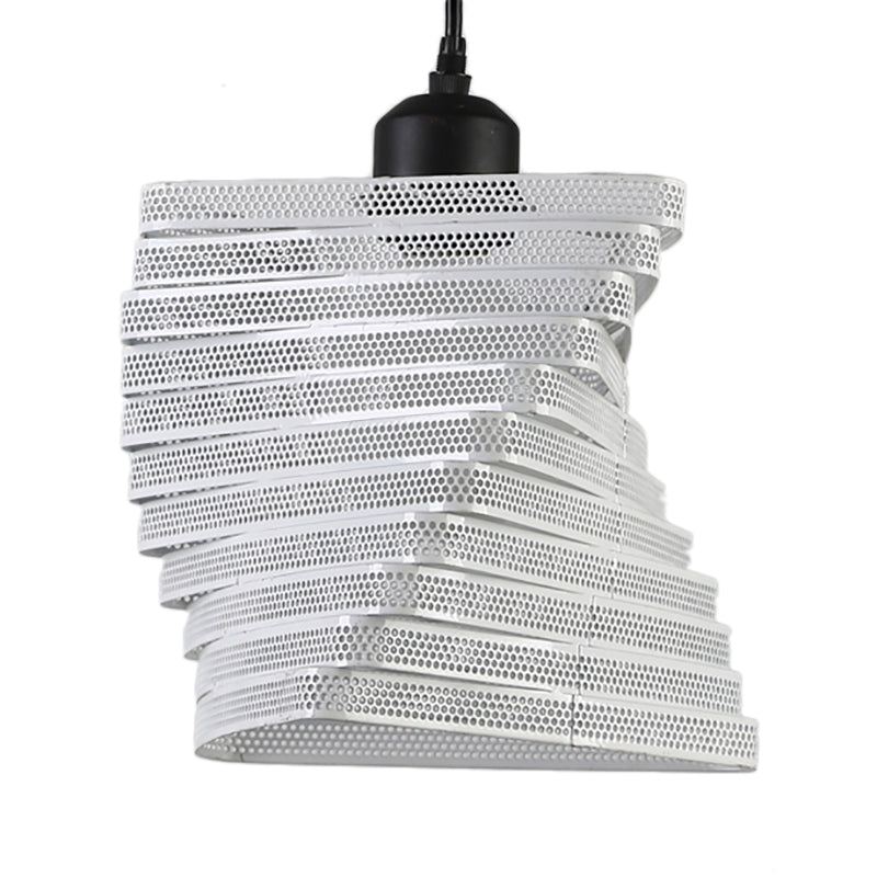 Industrial Mesh Screen Pendant Light - Twist Bulb, Black/White Metal, Triangle Shade