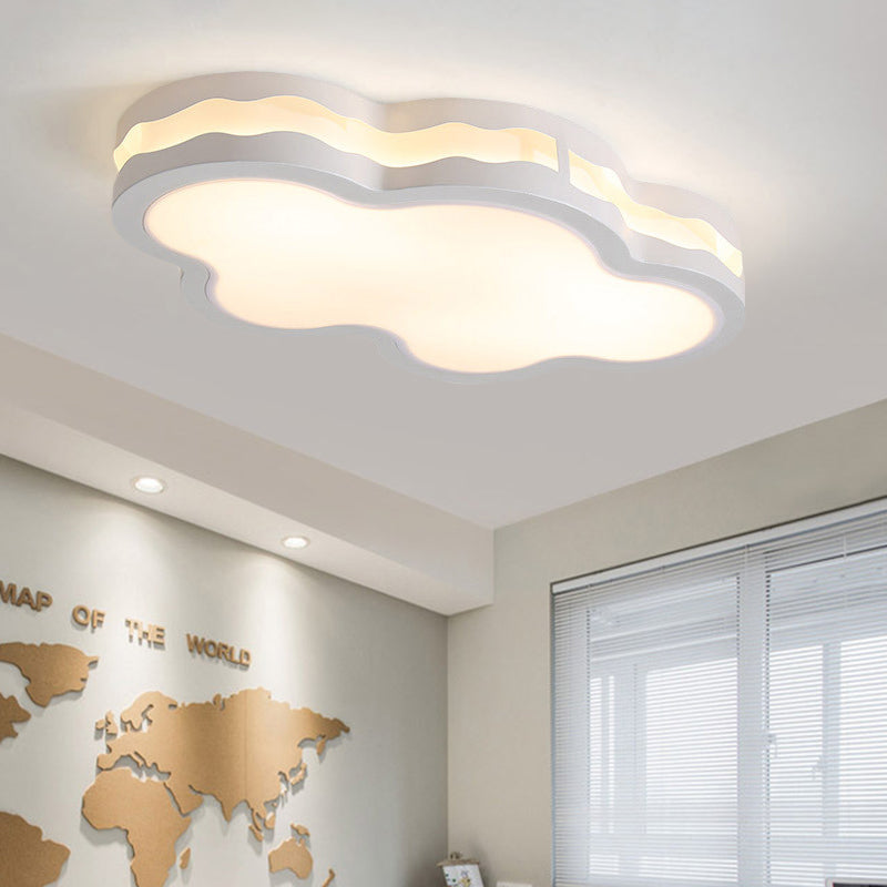 Contemporary LED Iron Flush Mount Light for Children's Bedroom - White Cloud Design, Warm/White Light, 26"/22.5" W