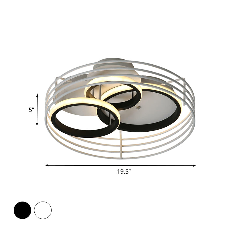 Lampe de plafond à LED en acrylique pour chambre à coucher Rings - Design contemporain, cage en métal, noir/blanc, lumière chaude/blanche - 16,5"/19,5