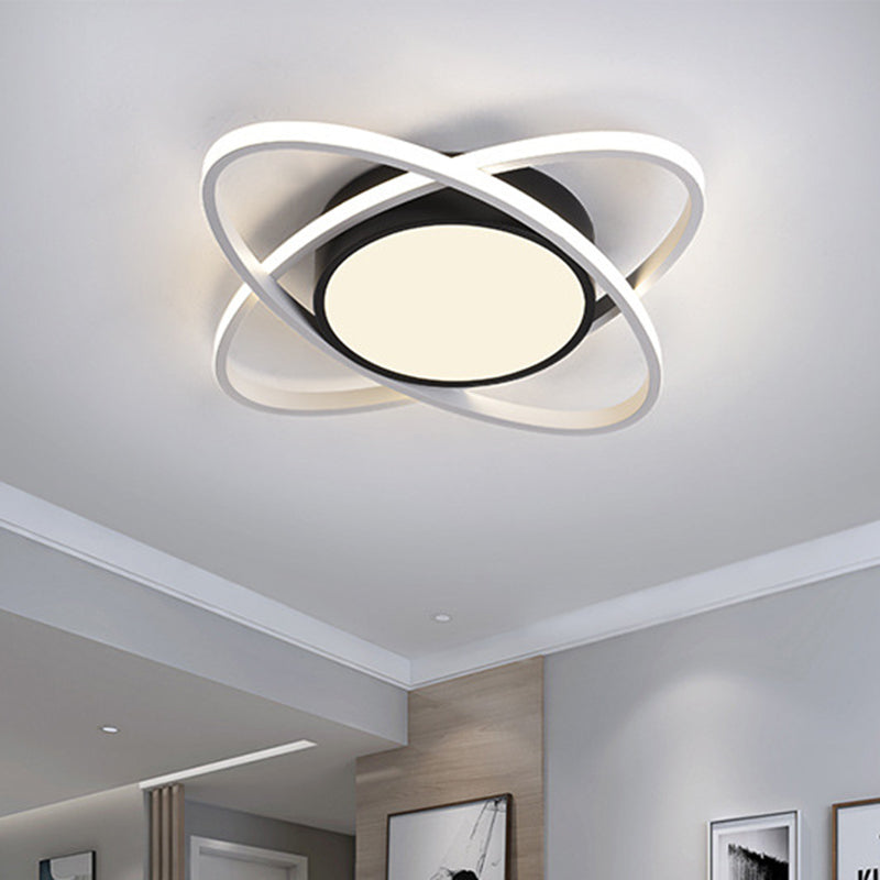 Modern Drum Flush Mount Lighting: Acrylic LED Fixture in Black/White with Cross Ring, 20.5"/28" Width