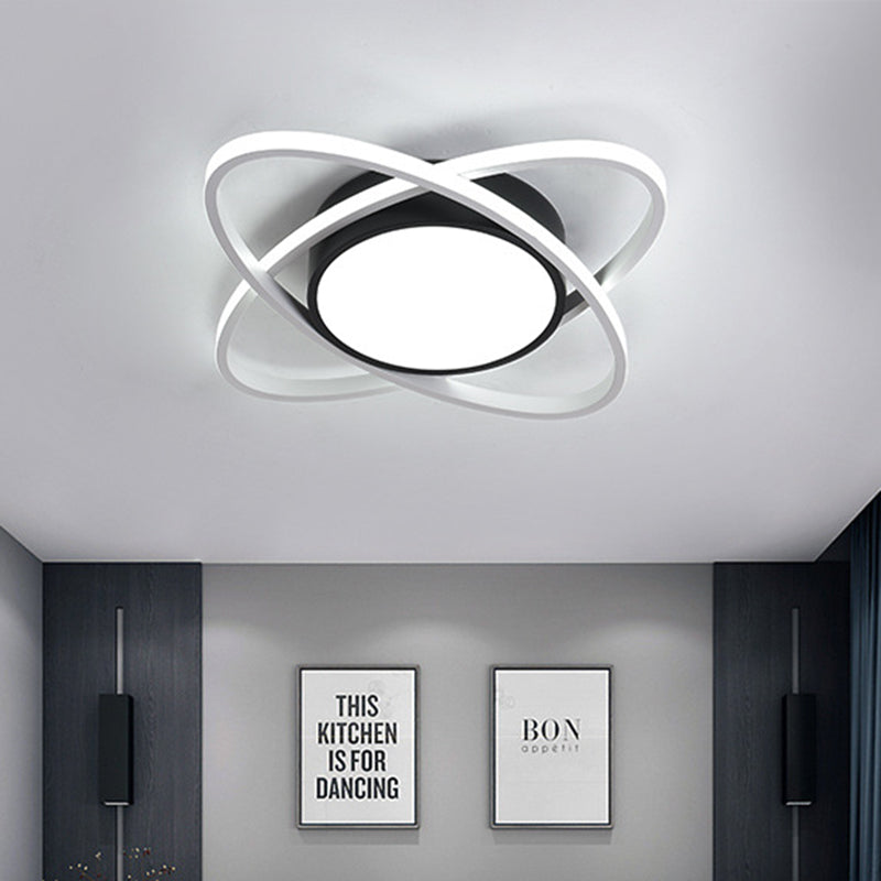 Modern Drum Flush Mount Lighting: Acrylic LED Fixture in Black/White with Cross Ring, 20.5"/28" Width