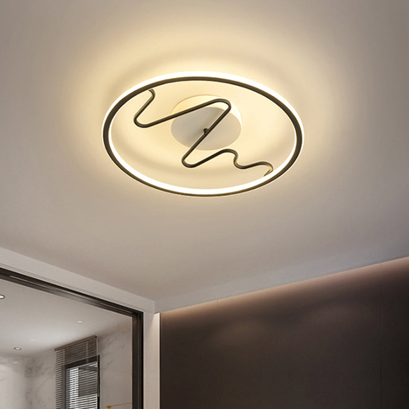 Black Acrylic LED Bedroom Flush Mount Lamp with Modern Ring and Spiral Line Design