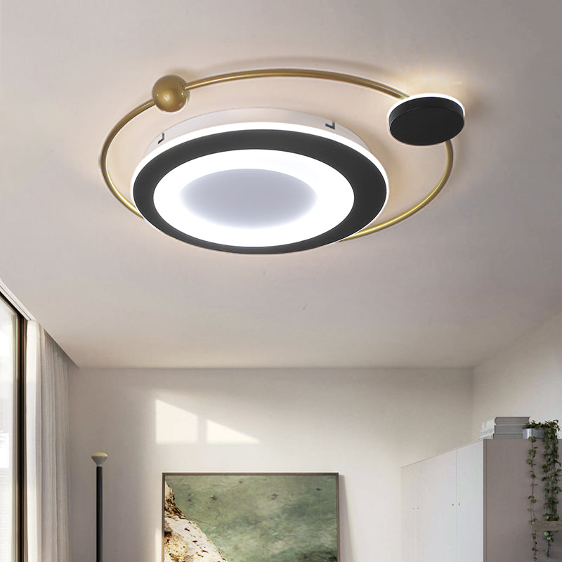 Plafonnier rond moderne pour chambre à coucher - Plafonnier en métal de 16,5"/20,5" en noir/doré - Lumière LED chaude/blanche