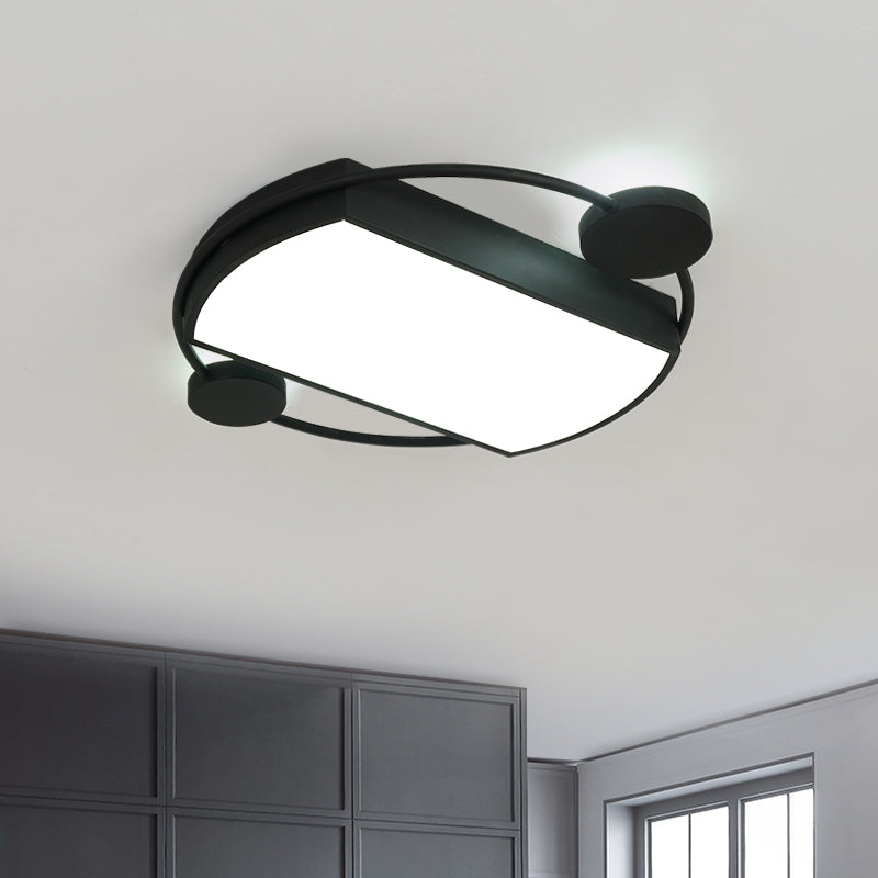 Modernist Metal Flushmount LED Ceiling Fixture - Ring and Rectangle Design, 16"/19.5" Wide, Black