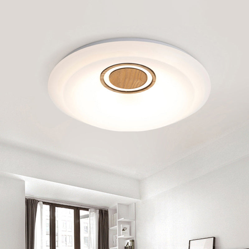 Modern LED Acrylic Flush Lighting Fixture - White Round Ceiling Mount with Warm/White Light & Wood Detail