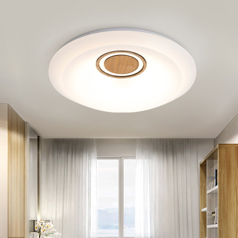 Modern LED Acrylic Flush Lighting Fixture - White Round Ceiling Mount with Warm/White Light & Wood Detail
