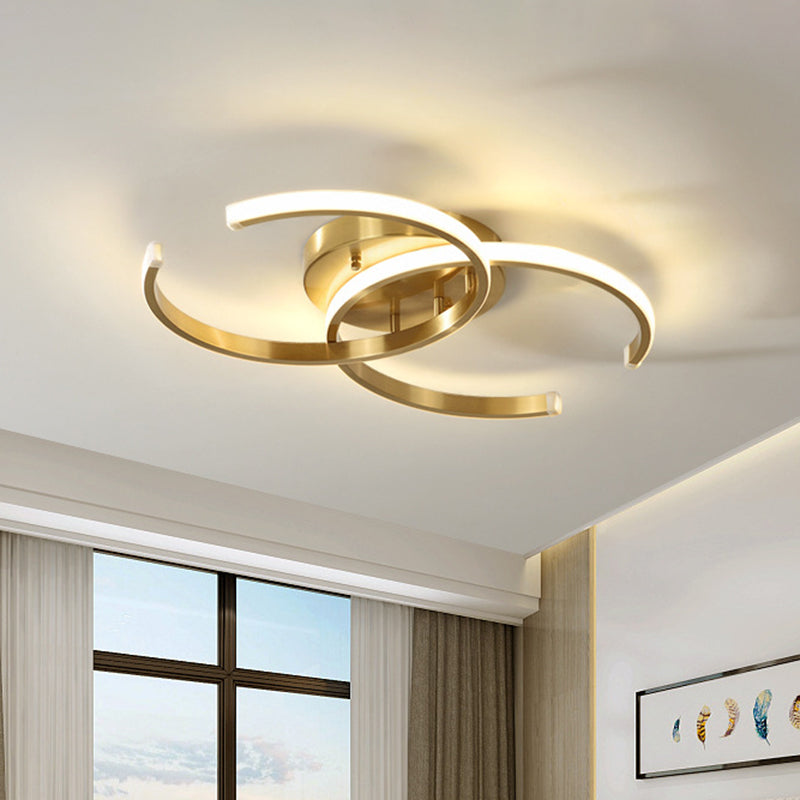 Minimalist LED Gold Flush Mount Ceiling Light for Bedroom - Acrylic Dual C-Shape Flushmount