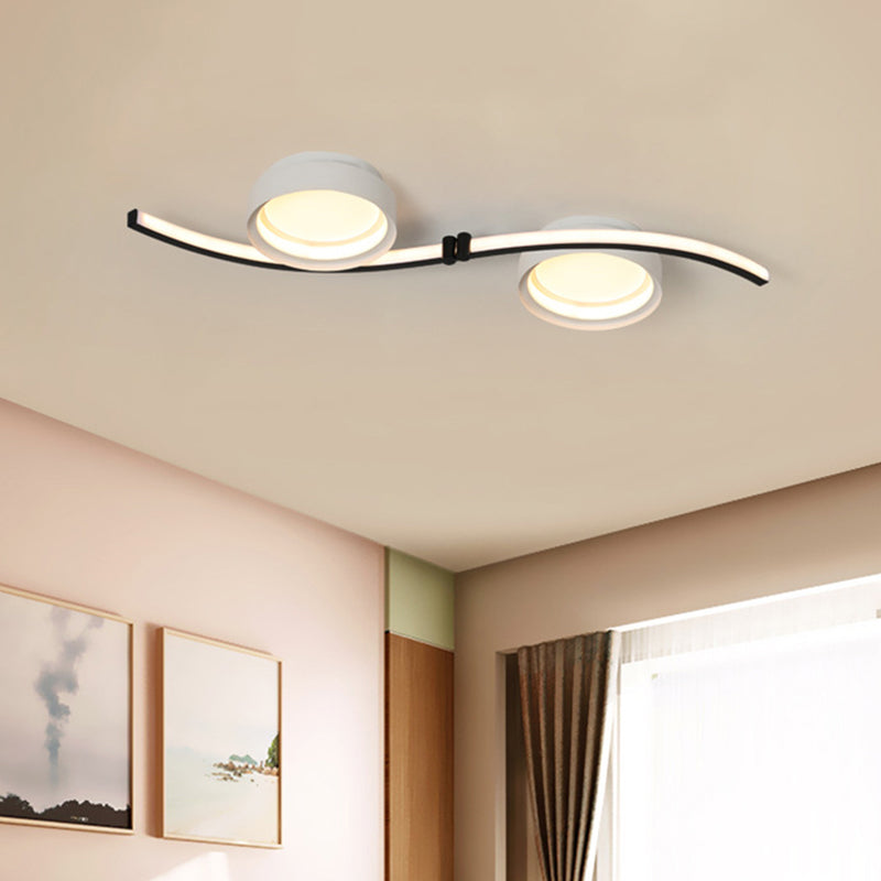 Dual Drum Flush Mount LED Fixture with Linear Design - Black & White Bedroom Lighting