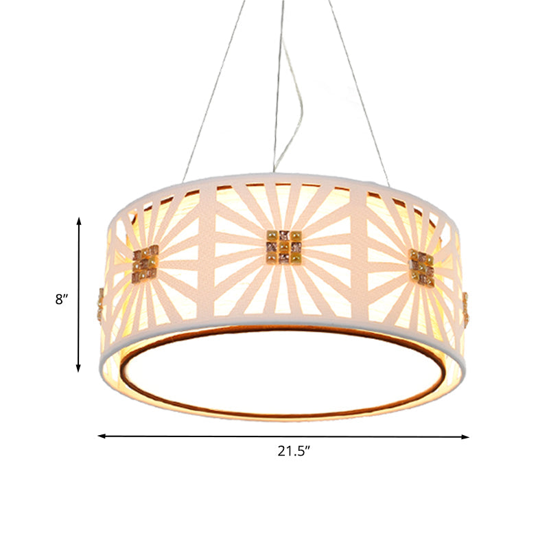Contemporary LED Drum Pendant with Metal Frame - White & Fabric Shade, 18"/21.5" Wide