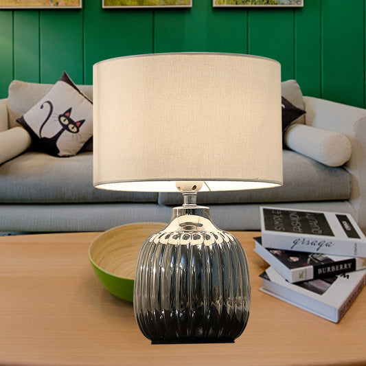Minimal White Ceramic Table Light- 14/15 L 1 Bulb With Drum Fabric Shade- Ideal For Bedroom Night