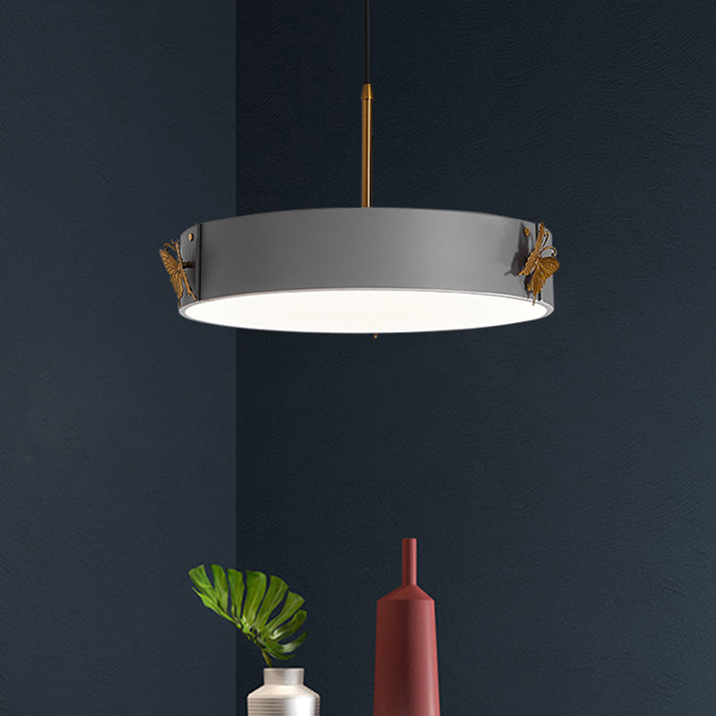 Minimalist Acrylic LED Drum Pendant Lamp with Grey Finish - Stylish Hanging Light Fixture with Butterfly Design