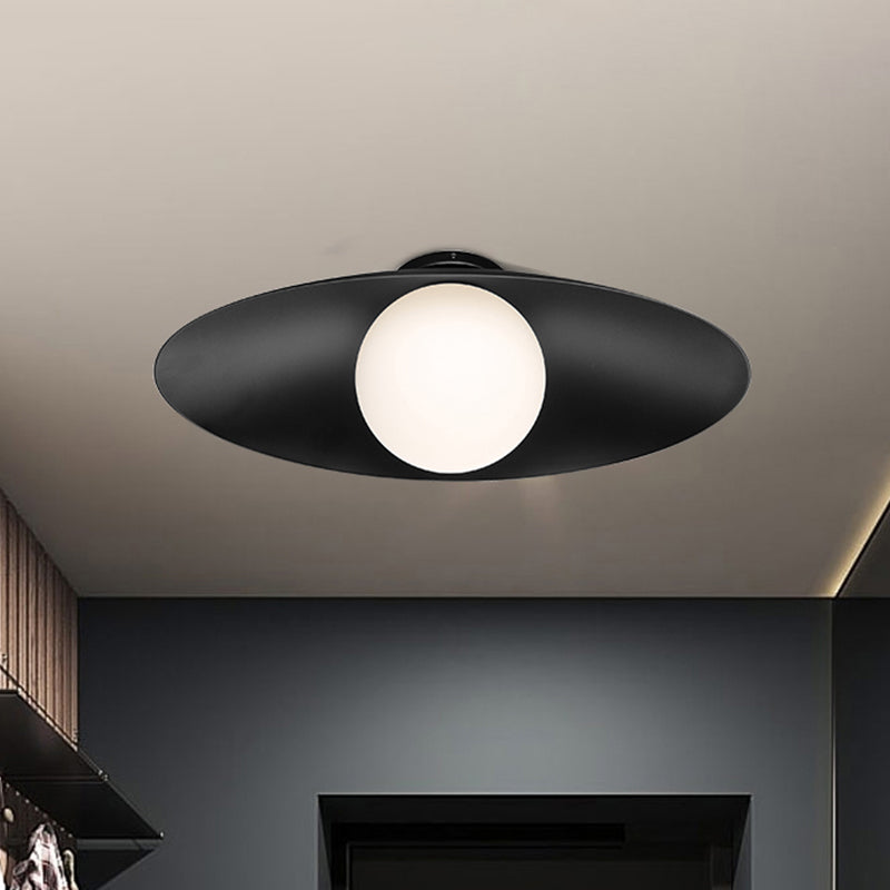 Modern Simple Orb Flush Mount Ceiling Light with Frosted Glass - 1 Light, Black/White, Oval Metal Shade
