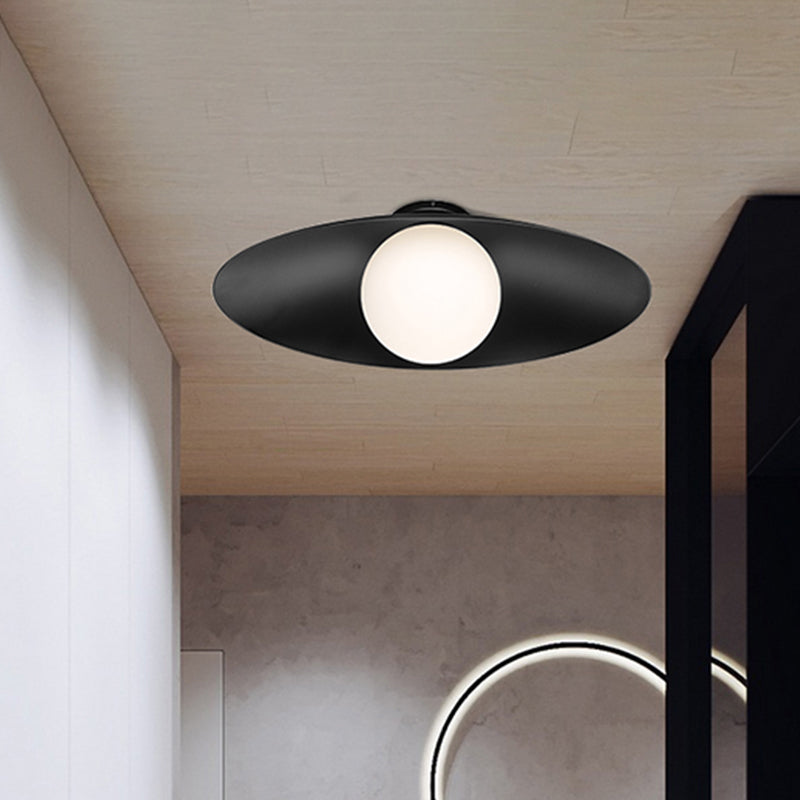 Modern Simple Orb Flush Mount Ceiling Light with Frosted Glass - 1 Light, Black/White, Oval Metal Shade
