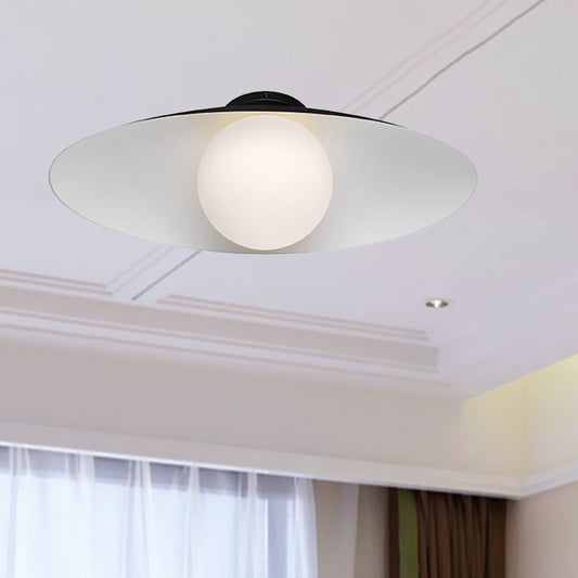 Modern Simple Orb Flush Mount Ceiling Light with Frosted Glass - 1 Light, Black/White, Oval Metal Shade