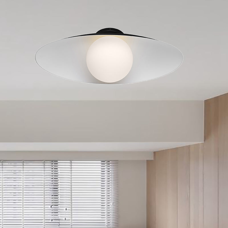 Modern Simple Orb Flush Mount Ceiling Light with Frosted Glass - 1 Light, Black/White, Oval Metal Shade