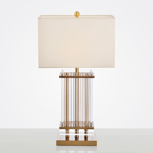 Minimalist Gold Desk Lamp With Clear Glass Bars - White Fabric Rectangle Night Table Light