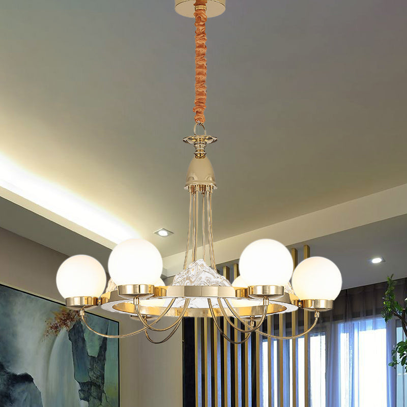 Lustre de plafond moderne à bras incurvés dorés - Lampe suspendue à LED en métal à 6 têtes avec abat-jour en verre dépoli