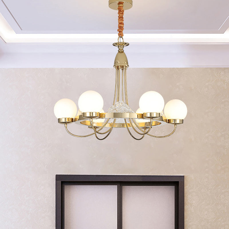 Lustre de plafond moderne à bras incurvés dorés - Lampe suspendue à LED en métal à 6 têtes avec abat-jour en verre dépoli