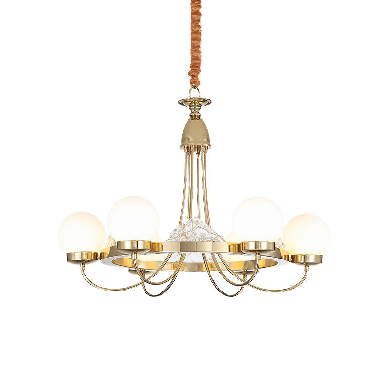 Lustre de plafond moderne à bras incurvés dorés - Lampe suspendue à LED en métal à 6 têtes avec abat-jour en verre dépoli