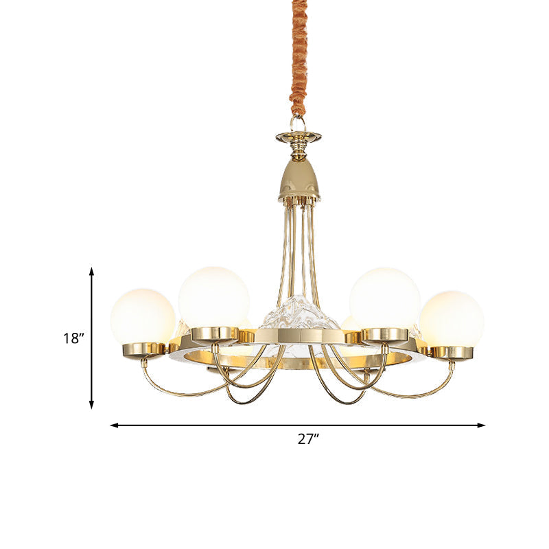 Lustre de plafond moderne à bras incurvés dorés - Lampe suspendue à LED en métal à 6 têtes avec abat-jour en verre dépoli