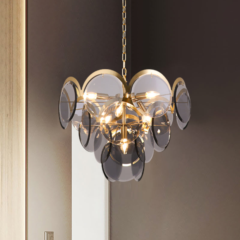 Luminaire suspendu à panneau rond à 7 têtes en verre gris fumé : lustre suspendu moderne en laiton