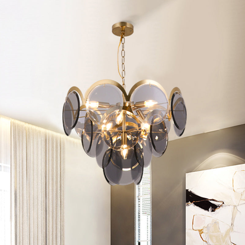 Luminaire suspendu à panneau rond à 7 têtes en verre gris fumé : lustre suspendu moderne en laiton