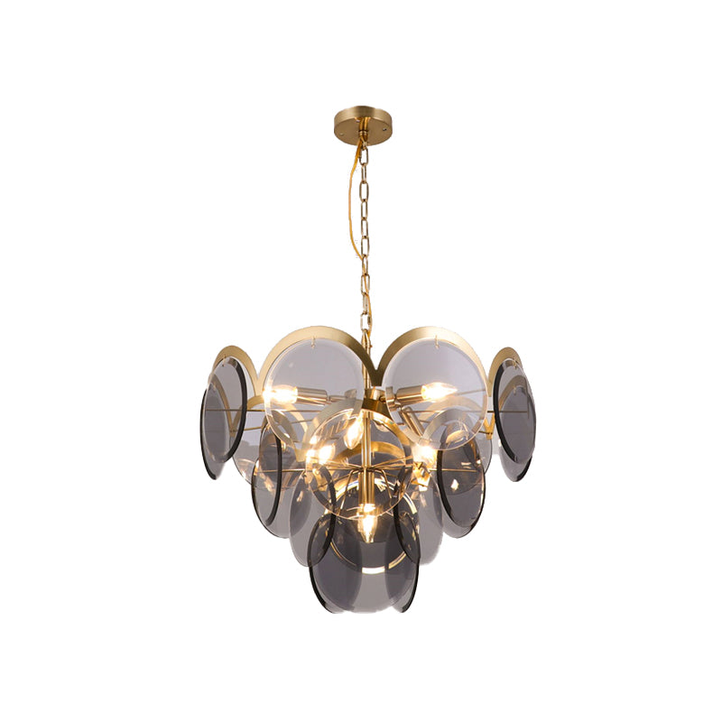 Luminaire suspendu à panneau rond à 7 têtes en verre gris fumé : lustre suspendu moderne en laiton