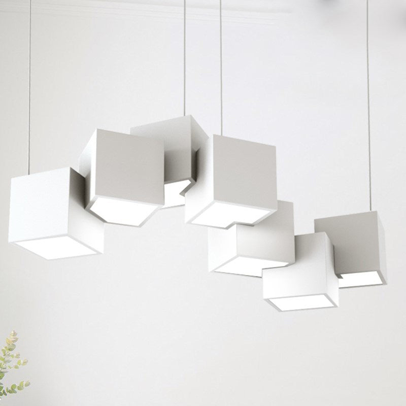 Plafonnier cube moderniste - Lampe suspendue à 8 ampoules LED en métal, noir/blanc épissé, lumière blanche/chaude, largeur 25,5"/28"